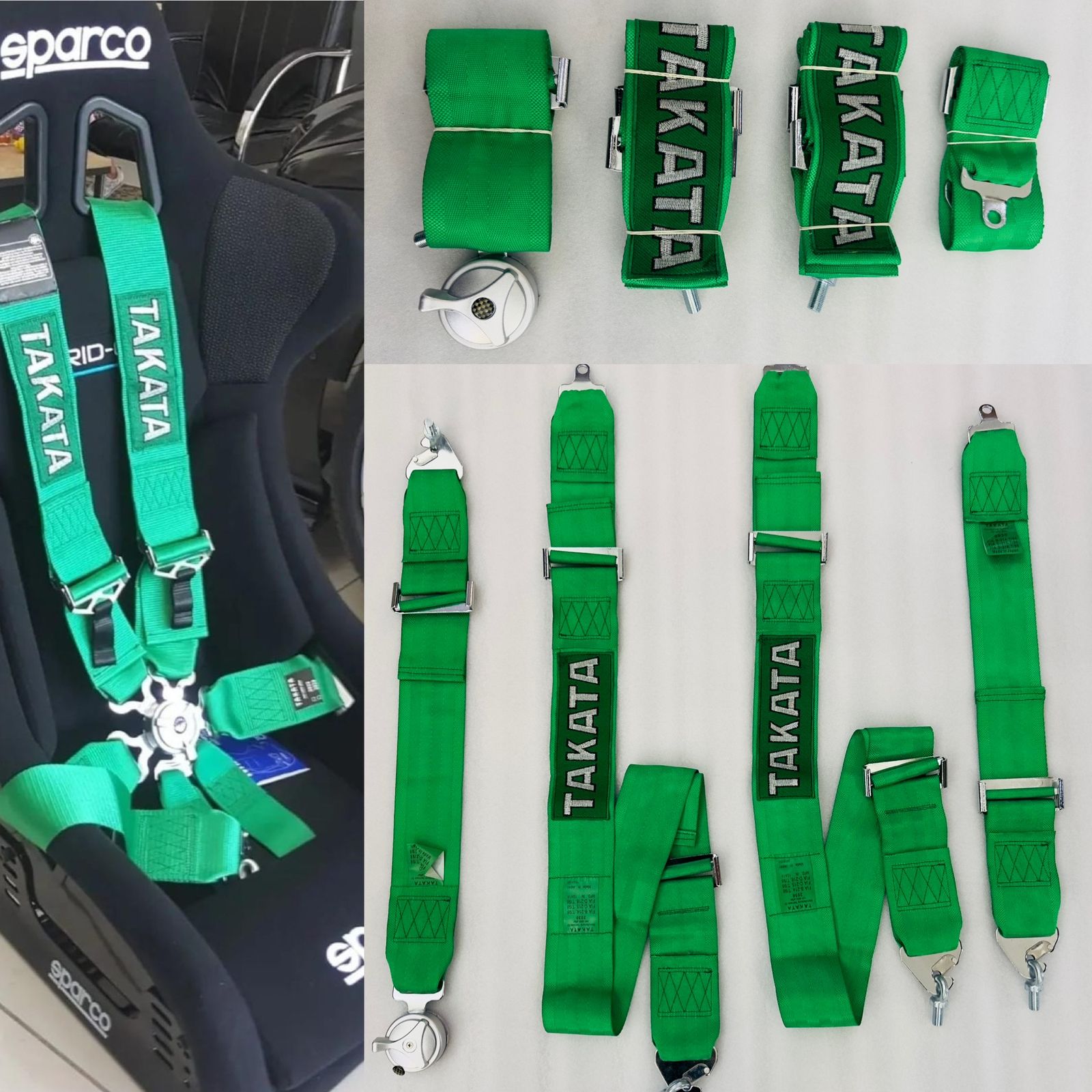GREEN TAKATA 4 Point (Webbing Pad) JDM DRIFTING SPORTY Car Seat Belt Harness Quick Release Lock