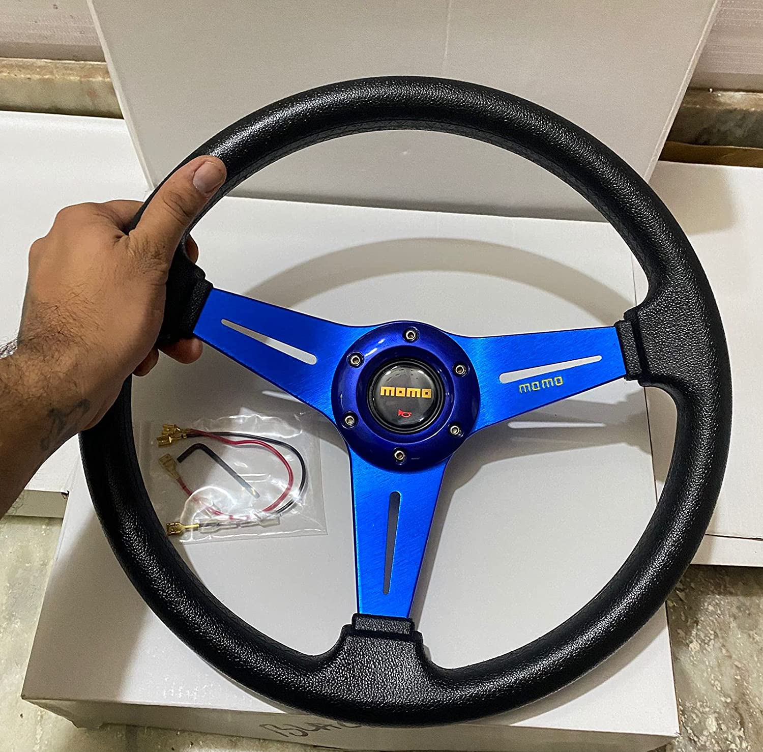 BLUE, 3R-STEERING MOMO STEERING 13INCH Wheel for Sports Car Look Rally Race Off Road with BOSS KIT HUB Free
