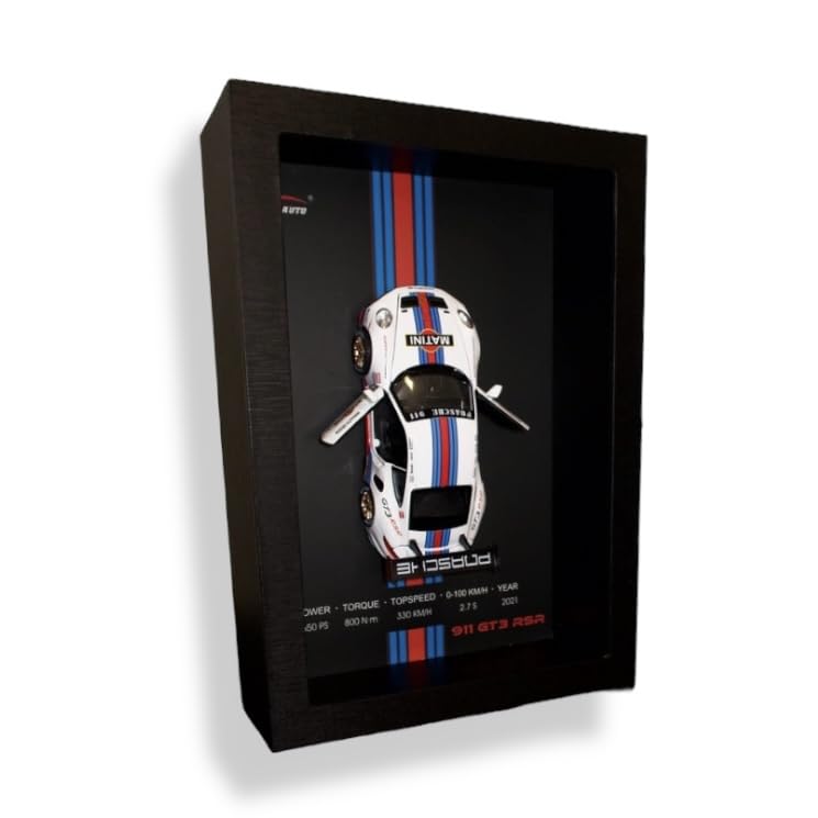 3D Diecast Model Car Frame Martini Porsche Diecast Metal Car Interactive Wall Decor with Openable Doors, Pull Back Display Car