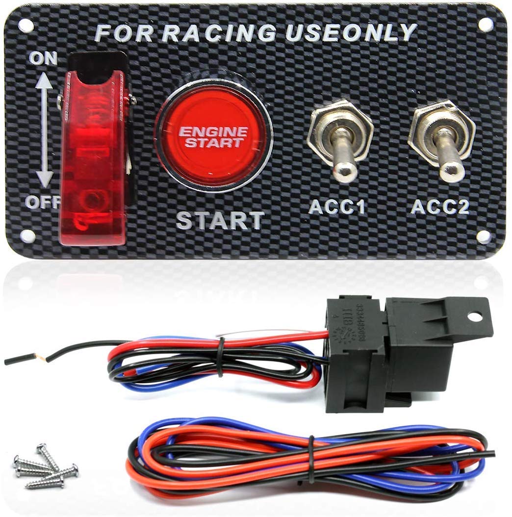 12V 4IN1 Racing Car Ignition Switch Panel with Engine Push Button Ignition Starter Switches Panel 4 in 1 Carbon Fiber Toggle Switches for Car Boat Vehicle Truck Trailer Yacht Ship SUV Caravan
