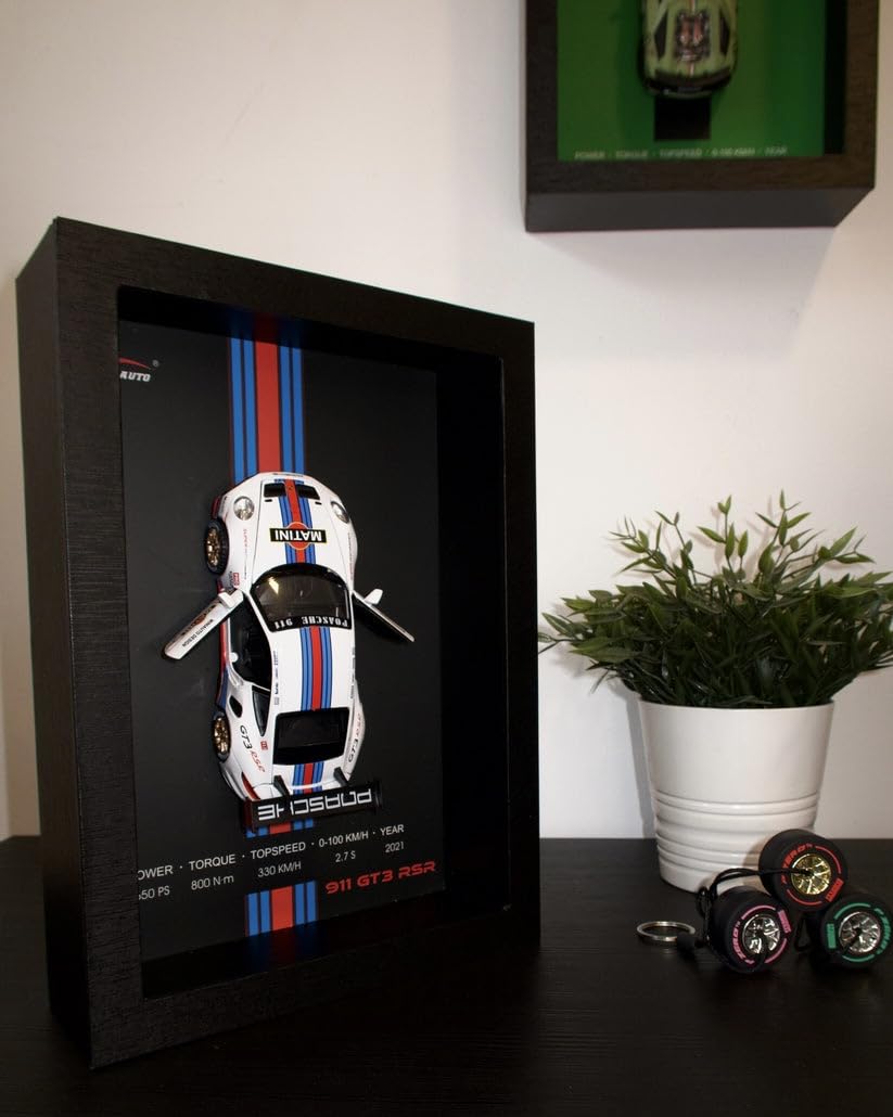 3D Diecast Model Car Frame Martini Porsche Diecast Metal Car Interactive Wall Decor with Openable Doors, Pull Back Display Car