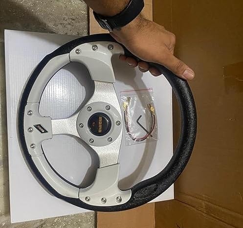 MOMO WHITE ROUND STEERING (12INCH) Universal Steering Wheel for Sports Car Look Rally Race Off Road with HUB Free