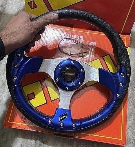 (1PC MOMO) BLUE STEERING 12INCH Universal Steering Wheel for Sports Car Look Rally Race Off Road with HUB Free