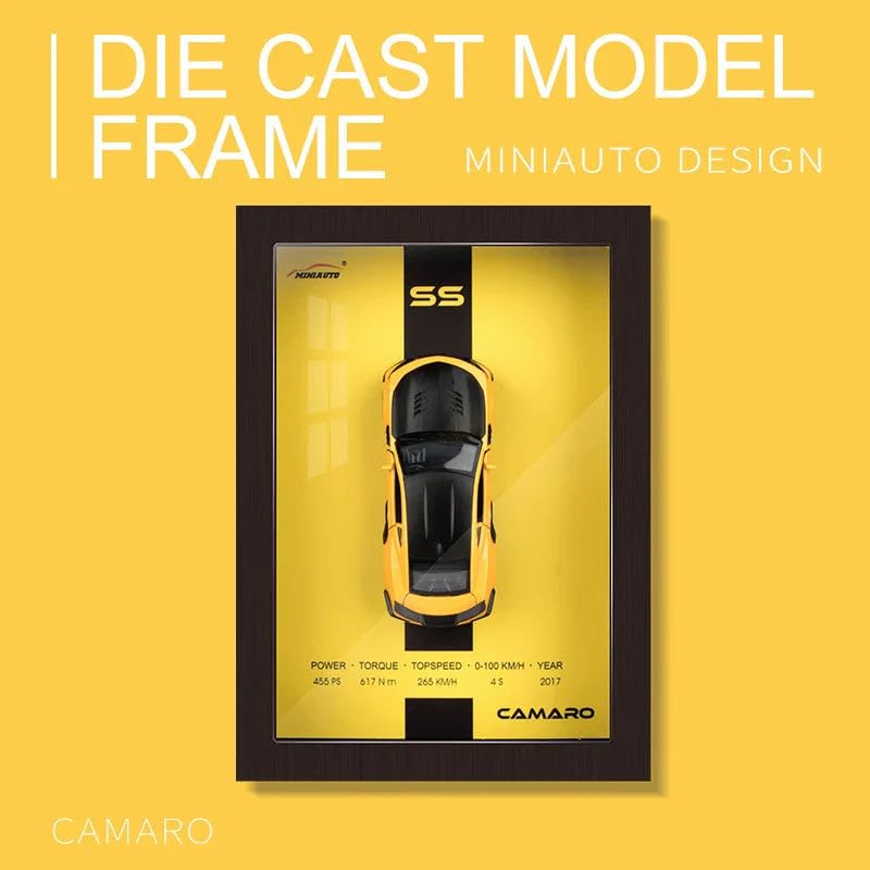Yellow 3D Diecast Model Car Frame Diecast Metal Car Interactive Wall Decor with Openable Doors, Pull Back Display Car