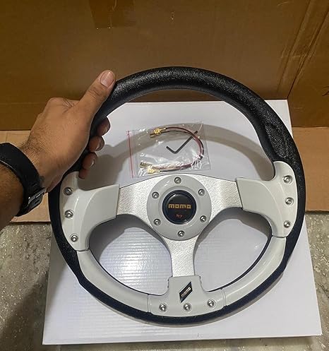 MOMO WHITE ROUND STEERING (12INCH) Universal Steering Wheel for Sports Car Look Rally Race Off Road with HUB Free