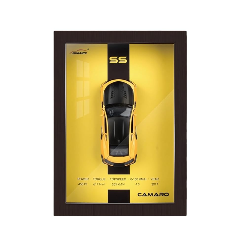 Yellow 3D Diecast Model Car Frame Diecast Metal Car Interactive Wall Decor with Openable Doors, Pull Back Display Car