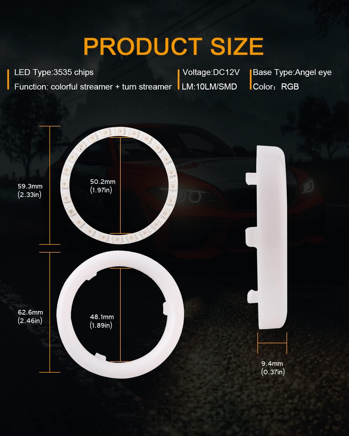 60MM Multi-Color RGB LED Halo Rings Light COB 60SMD Smart Phone App Bluetooth Control Car Angel Eyes Ring Headlight Daytime Running Lights
