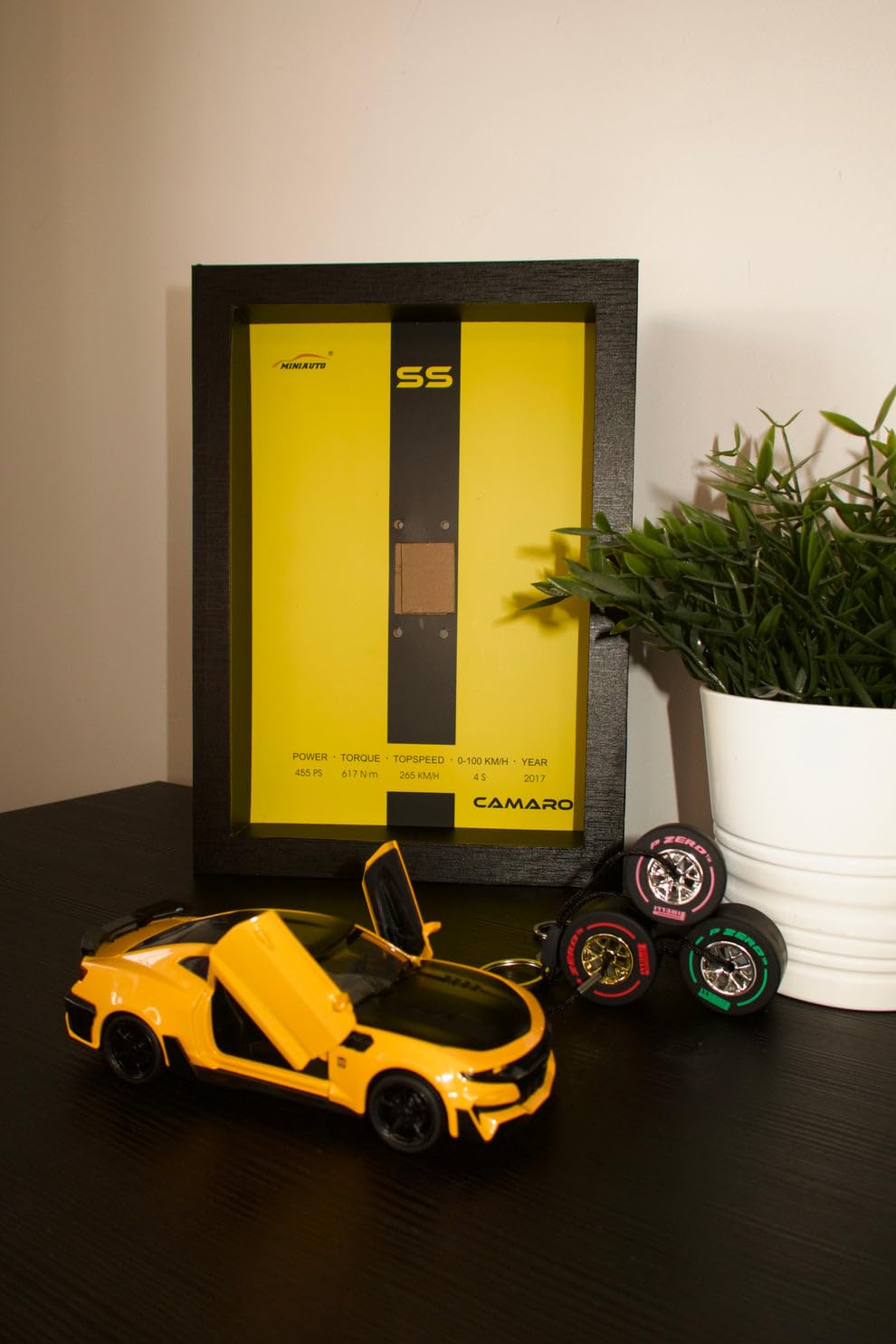Yellow 3D Diecast Model Car Frame Diecast Metal Car Interactive Wall Decor with Openable Doors, Pull Back Display Car