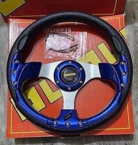 (1PC MOMO) BLUE STEERING 12INCH Universal Steering Wheel for Sports Car Look Rally Race Off Road with HUB Free