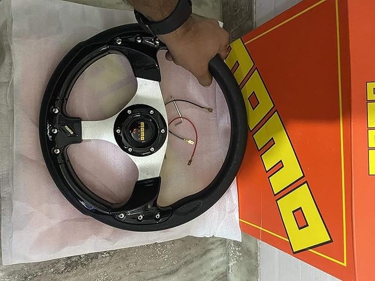 MOMO BLACK ROUND STEERING (12INCH) Universal Steering Wheel for Sports Car Look Rally Race Off Road with HUB Free