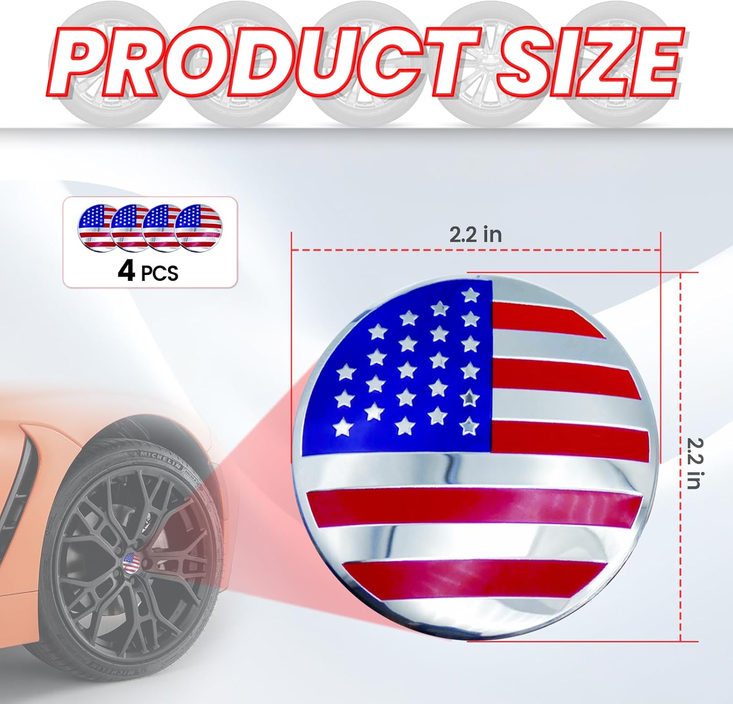 4PC Automotive Hood Ornaments, Wheel Emblems Car Center Hub 56mm 2INCH Caps Various Type of Badge Decoration Accessories Compatible with All Cars. (4PC US Flag Wheel Sticker)