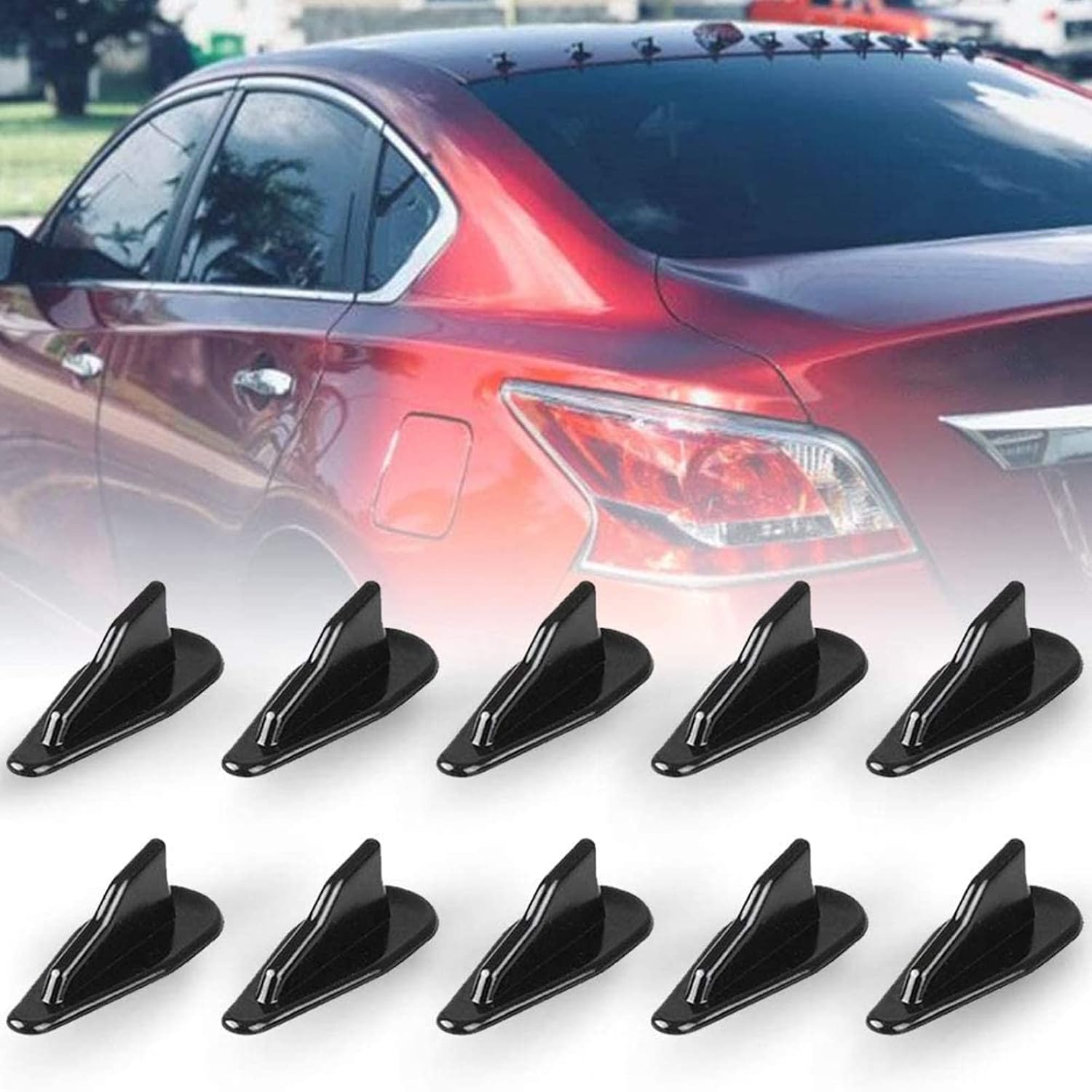 10Pcs Black Fin Air Vortex Generator Diffuser Shark Fin Set Kit Compatible with Spoiler Roof Wing Pointed Universal