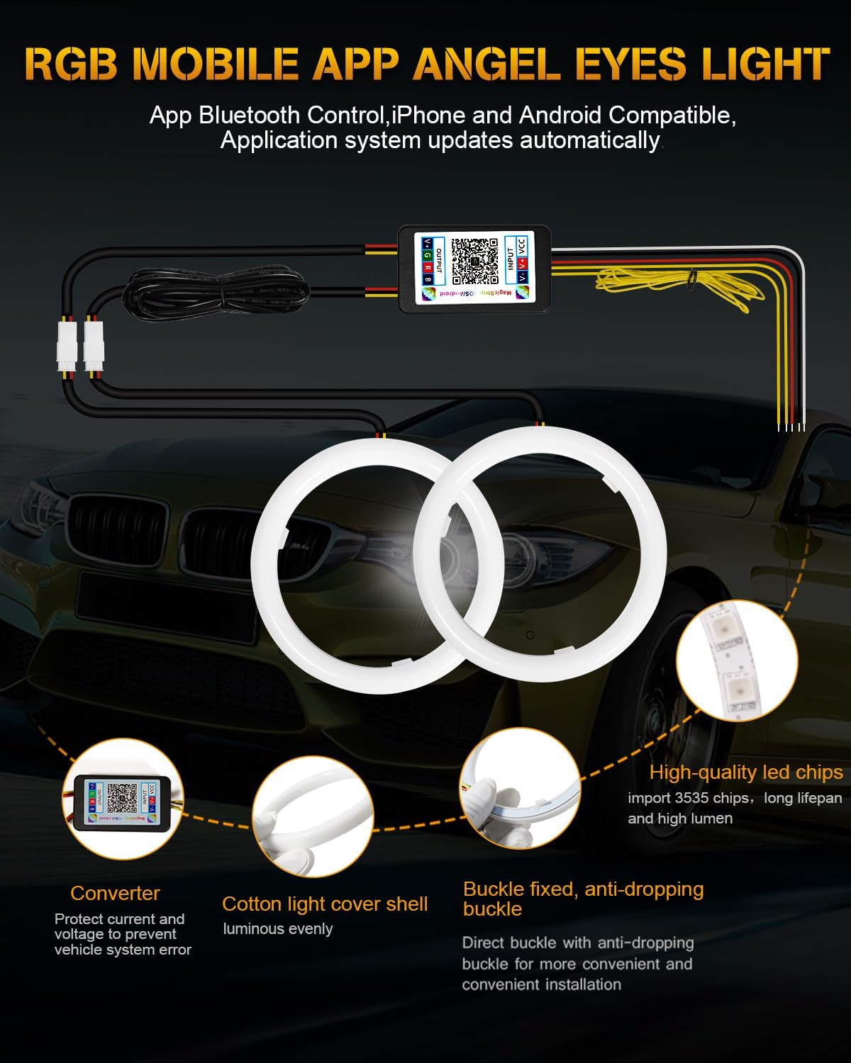 60MM Multi-Color RGB LED Halo Rings Light COB 60SMD Smart Phone App Bluetooth Control Car Angel Eyes Ring Headlight Daytime Running Lights
