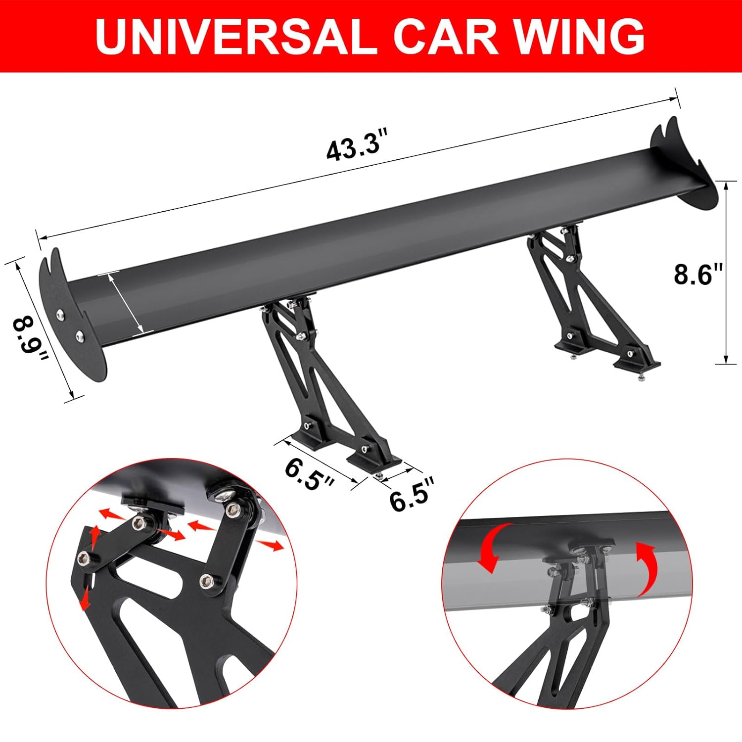 GT Flames Rear Spoiler, Aluminum Wing 43.3" Black, Universal Fit, Bolt-On Installation