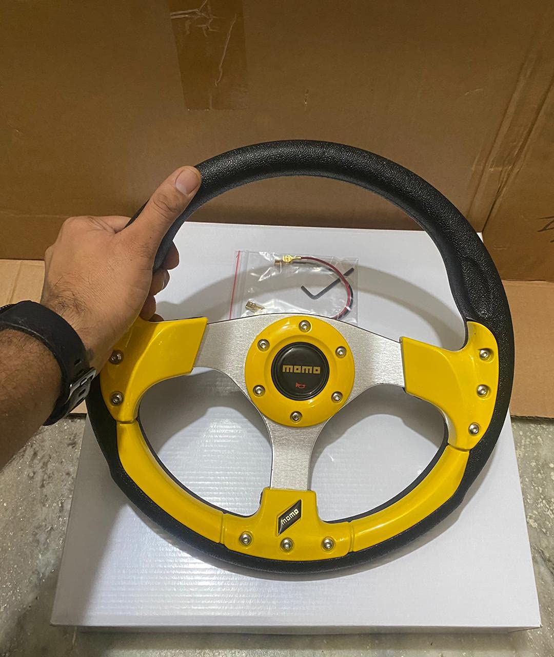 MOMO Yellow 12INCH Universal Steering Wheel for Sports Car Look Rally Race Off Road with HUB Free