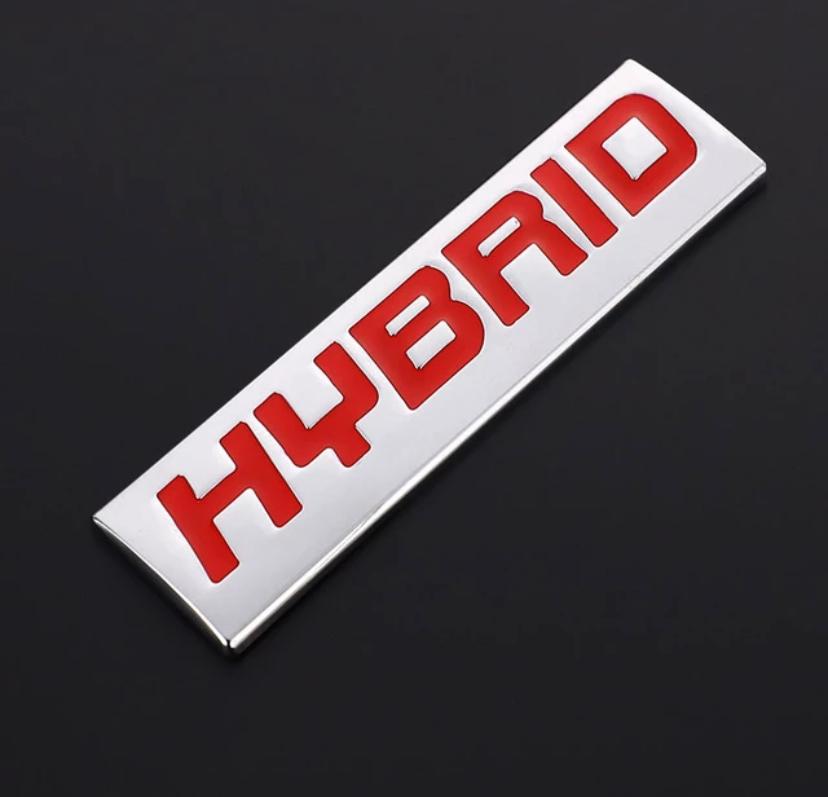 Chrome RED Hybrid Logo. Car Bike Metal Hybrid 7.7 x 2 cm Hybrid Sign Logo Auto Racing Sport Sticker Car Emblem Premium 3D Badge Grand Tourer Decal Hybrid 3D Sticker