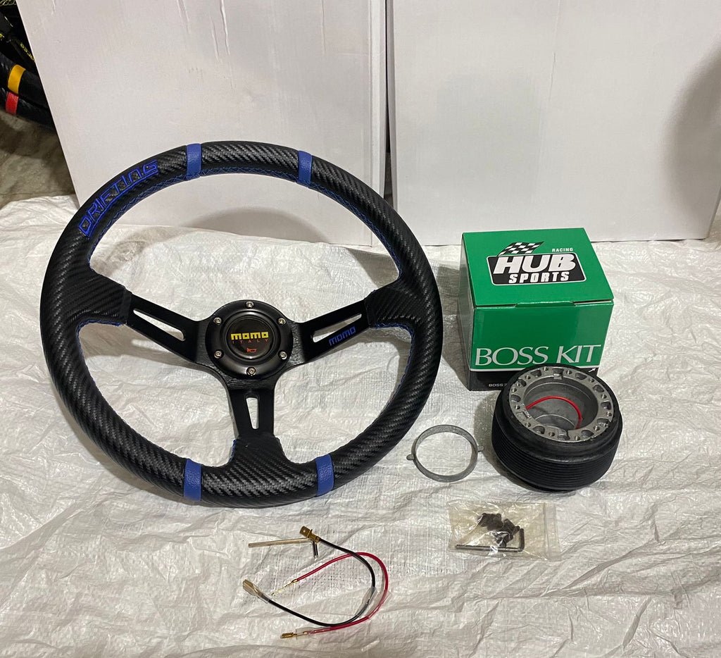 MOMO-14INCH (BLUE STEERING) CARBON EDITION DEEP STYLEUniversal Steering Wheel for Sports Car Look Drifting Rally Race Off Road WID Free BOSS KIT HUB