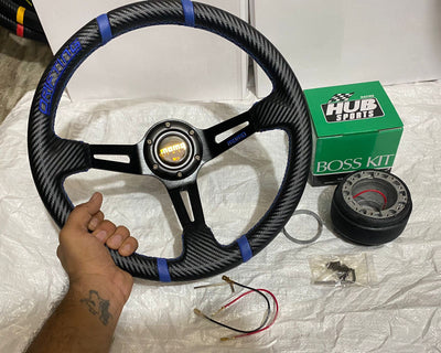 MOMO-14INCH (BLUE STEERING) CARBON EDITION DEEP STYLEUniversal Steering Wheel for Sports Car Look Drifting Rally Race Off Road WID Free BOSS KIT HUB
