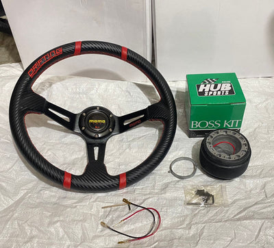 MOMO-(CARBON EDITION RED STEERING) 14INCH DEEP STYLE Look Drifting Rally Race Off Road WID Free BOSS KIT HUB Universal Steering Wheel for Sports Car