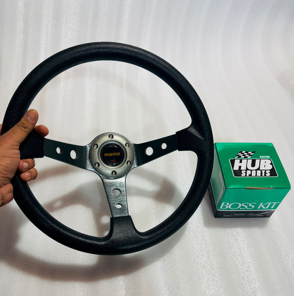 GREY, MOMO 14INCH DEEP STEERINGS &amp; LEATHER DEEP STYLE Steerings Look Rally Race Off Road with HUB Free Universal Steering Wheel With Hub