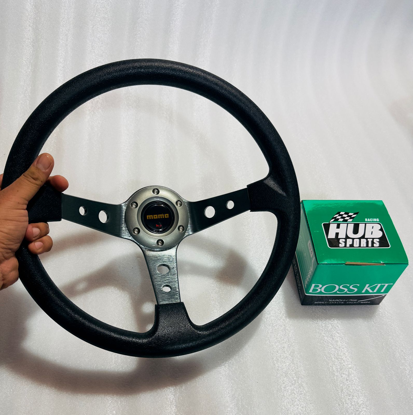 GREY, MOMO 14INCH DEEP STEERINGS &amp; LEATHER DEEP STYLE Steerings Look Rally Race Off Road with HUB Free Universal Steering Wheel With Hub