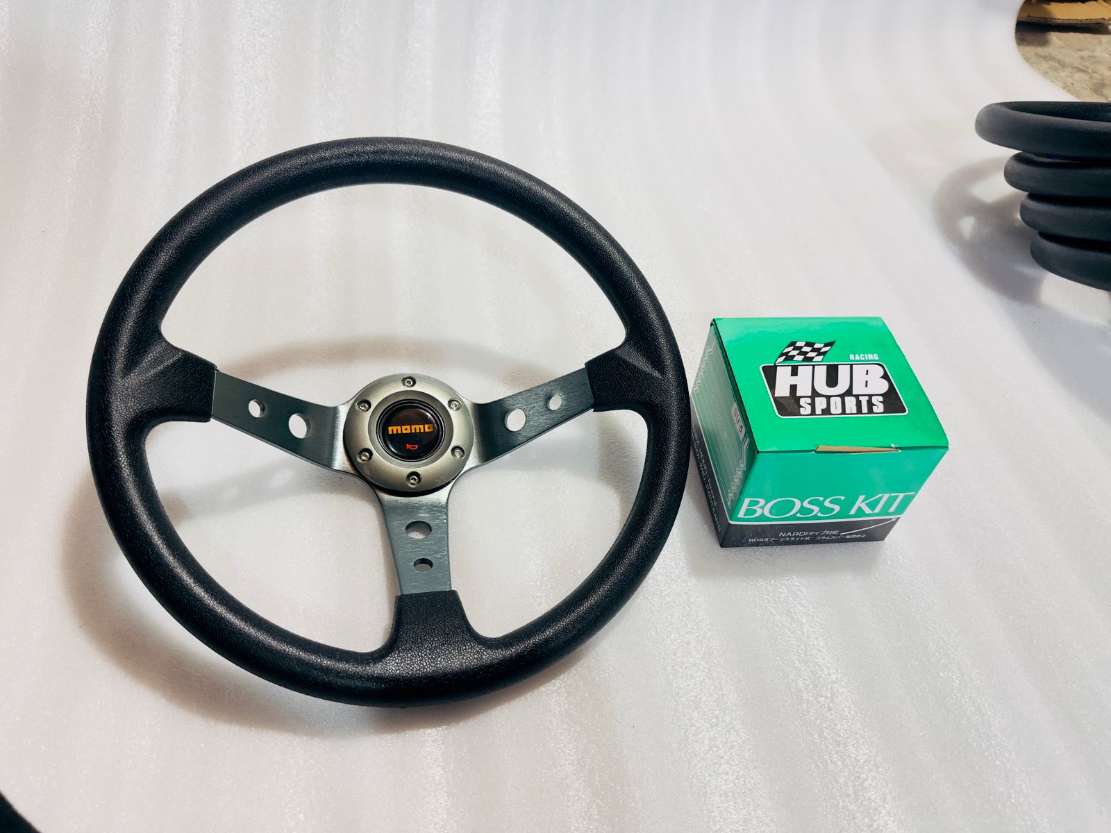 GREY, MOMO 14INCH DEEP STEERINGS &amp; LEATHER DEEP STYLE Steerings Look Rally Race Off Road with HUB Free Universal Steering Wheel With Hub
