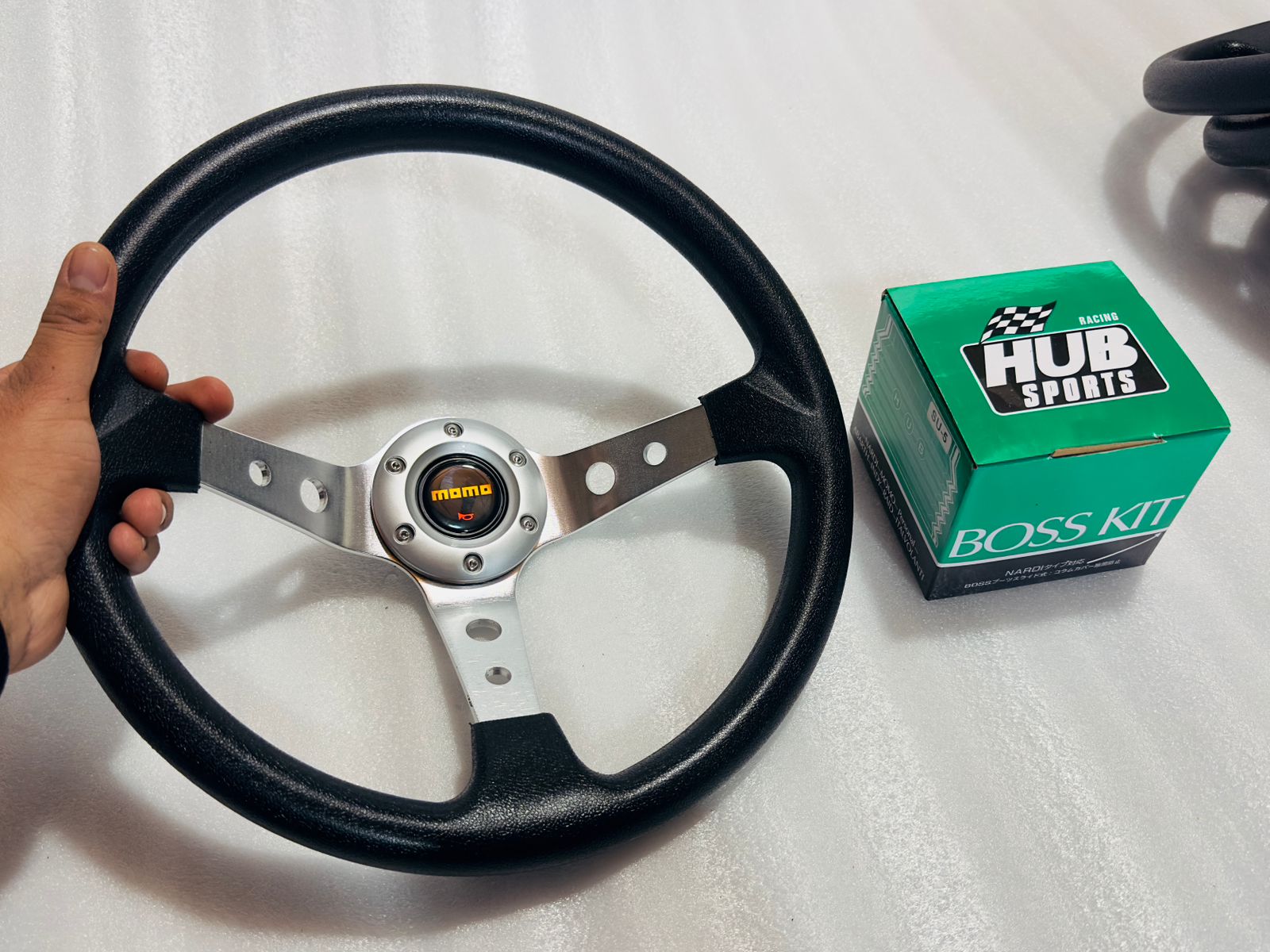 SILVER, MOMO 14INCH DEEP STEERINGS &amp; LEATHER DEEP STYLE Steerings Look Rally Race Off Road with HUB Free Universal Steering Wheel With Hub