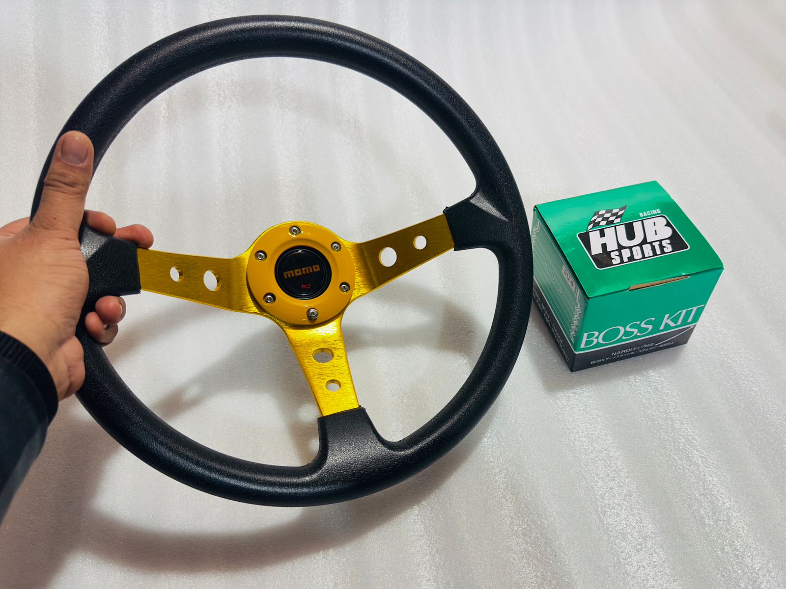 YELLOW, MOMO 14INCH DEEP STEERINGS &amp; LEATHER DEEP STYLE Steerings Look Rally Race Off Road with HUB Free Universal Steering Wheel With Hub