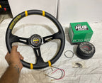 (MOMO-YELLOW) 14INCH CARBON EDITION STEERING DEEP STYLE Universal Steering Wheel for Sports Car Look Drifting Rally Race Off Road WID Free BOSS KIT HUB