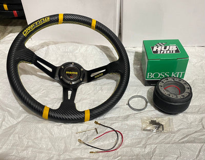 (MOMO-YELLOW) 14INCH CARBON EDITION STEERING DEEP STYLE Universal Steering Wheel for Sports Car Look Drifting Rally Race Off Road WID Free BOSS KIT HUB