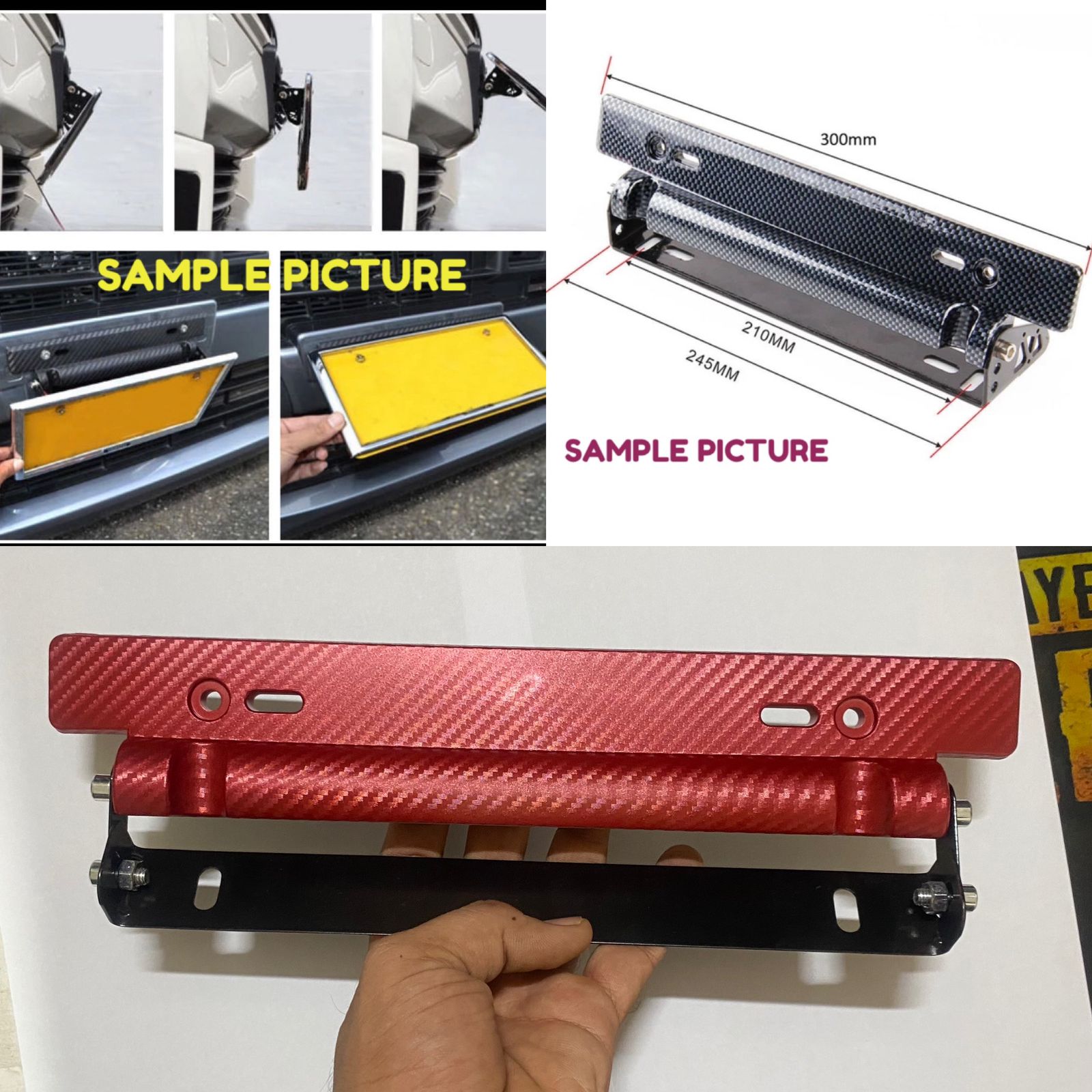 Red Number Plate License Frame Holder Carbon Fiber Car License Plate Frame Holder Racing Style Angle Adjustable Relocate Bracket