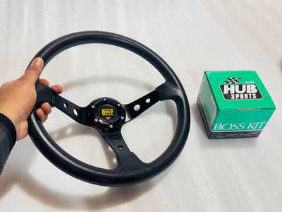 BLACK 14INCH OMP DEEP STEERING STYLE Look Rally Race Off Road with HUB Free Universal Steering Wheel for Sports Car Steering.