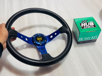 BLUE 14INCH OMP DEEP STEERING STYLE Look Rally Race Off Road with HUB Free Universal Steering Wheel for Sports Car Universal Steering-1PC