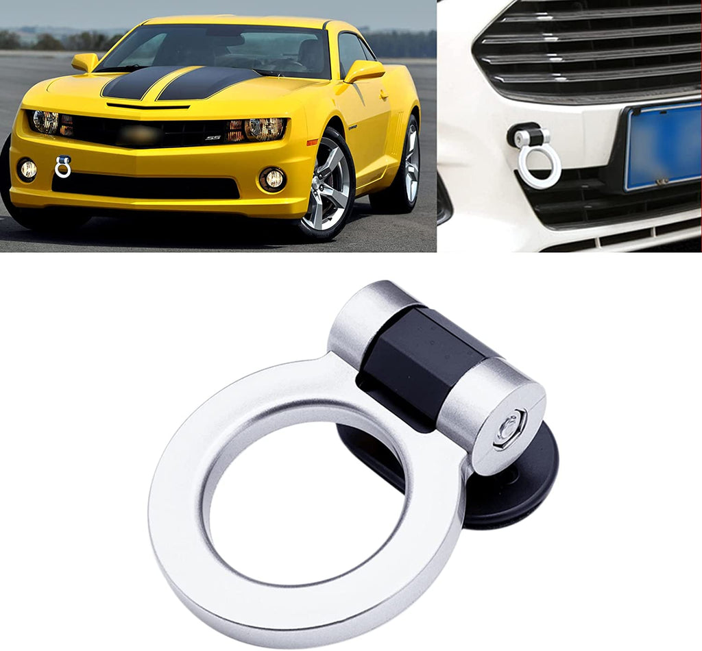 Round Dummy Hook Car Bumper Tow Hook Universal Decorative Racing Style Trailer Hook Sticker Rear Tow Strap Tow Hook Towing Belt (SILVER PVC Round Dummy Hook)
