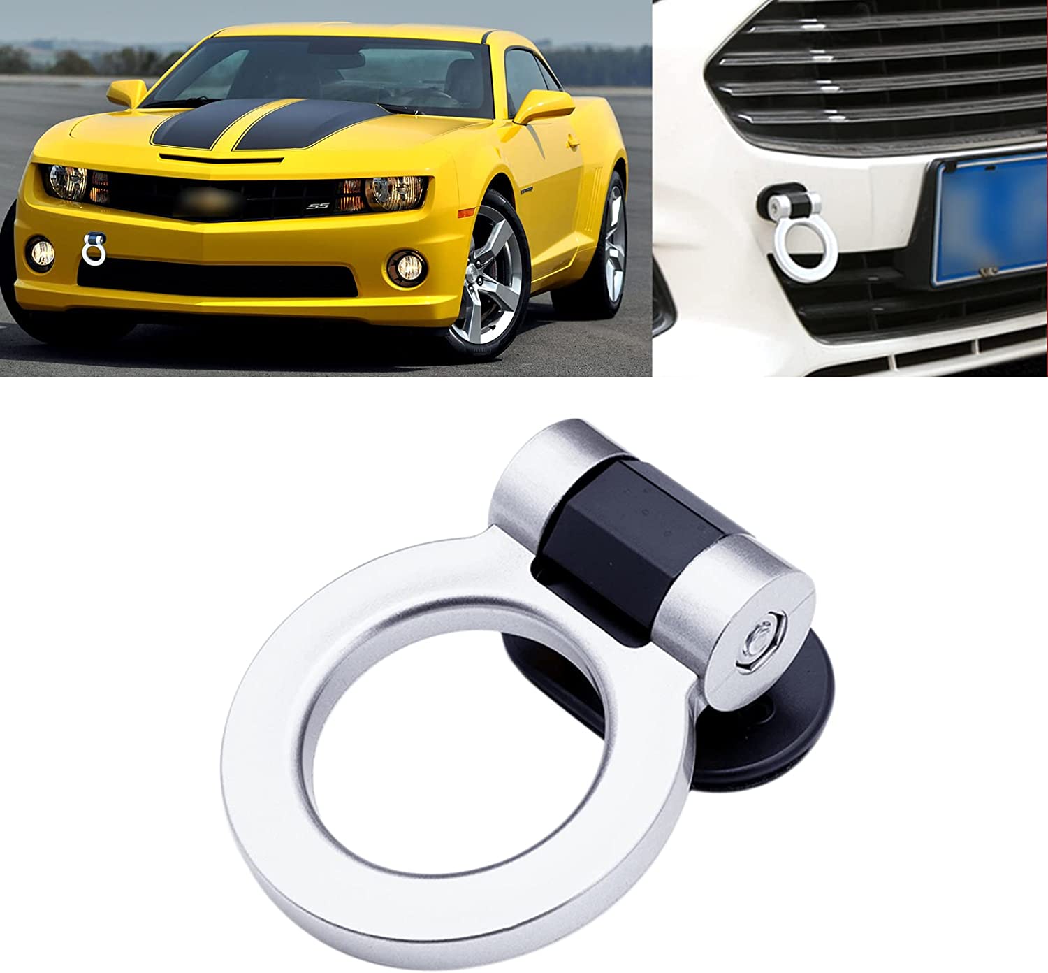 Round Dummy Hook Car Bumper Tow Hook Universal Decorative Racing Style Trailer Hook Sticker Rear Tow Strap Tow Hook Towing Belt (SILVER PVC Round Dummy Hook)