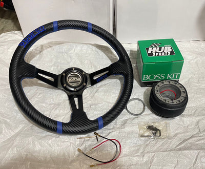 SPARCO CARBON EDITION (14INCH BLUE STEERING) DEEP STYLE Universal Steering Wheel for Sports Car Look DRIFTING Rally Race Off Road WID FREE BOSS KIT HUB