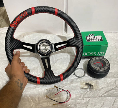 SPARCO CARBON EDITION (RED 14INCH STEERING) DEEP STYLE Universal Steering Wheel for Sports Car Look DRIFTING Rally Race Off Road WID FREE BOSS KIT HUB