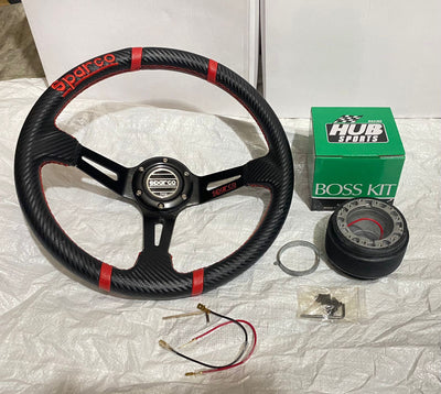 SPARCO CARBON EDITION (RED 14INCH STEERING) DEEP STYLE Universal Steering Wheel for Sports Car Look DRIFTING Rally Race Off Road WID FREE BOSS KIT HUB