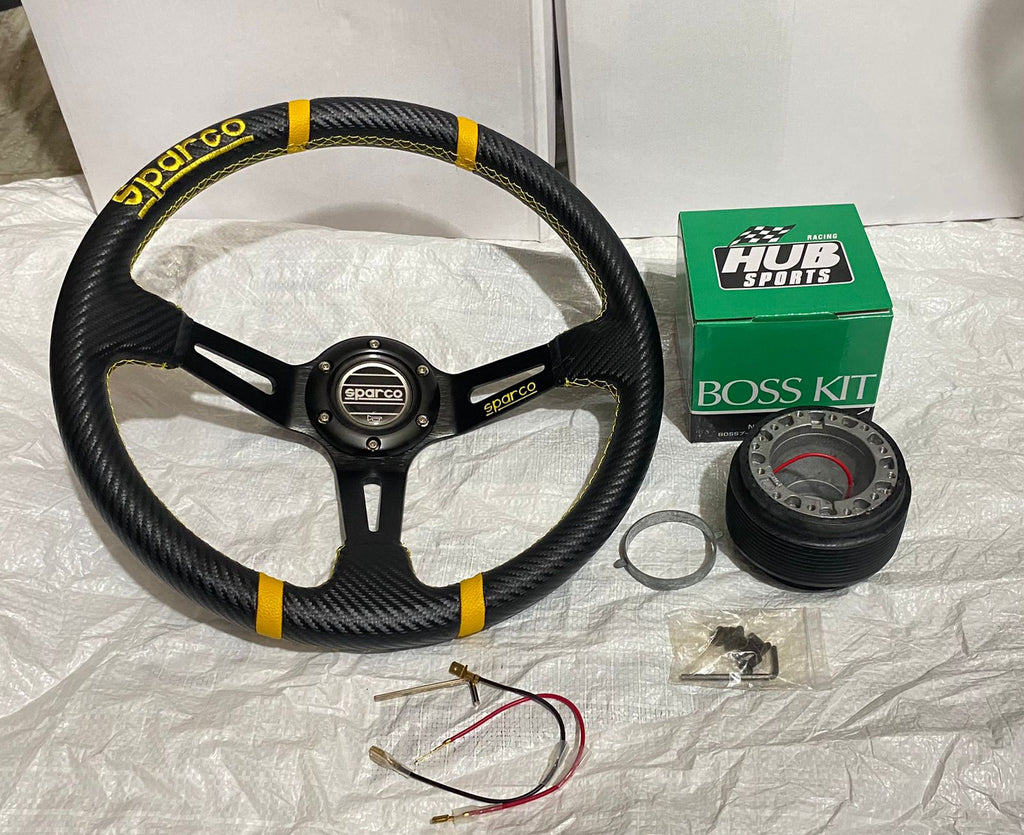 (SPARCO YELLOW CARBON EDITION) 14INCH STEERING DEEP STYLE Universal Steering Wheel for Sports Car Look DRIFTING Rally Race Off Road WID FREE BOSS KIT HUB