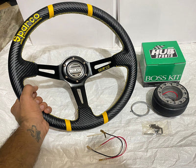 (SPARCO YELLOW CARBON EDITION) 14INCH STEERING DEEP STYLE Universal Steering Wheel for Sports Car Look DRIFTING Rally Race Off Road WID FREE BOSS KIT HUB