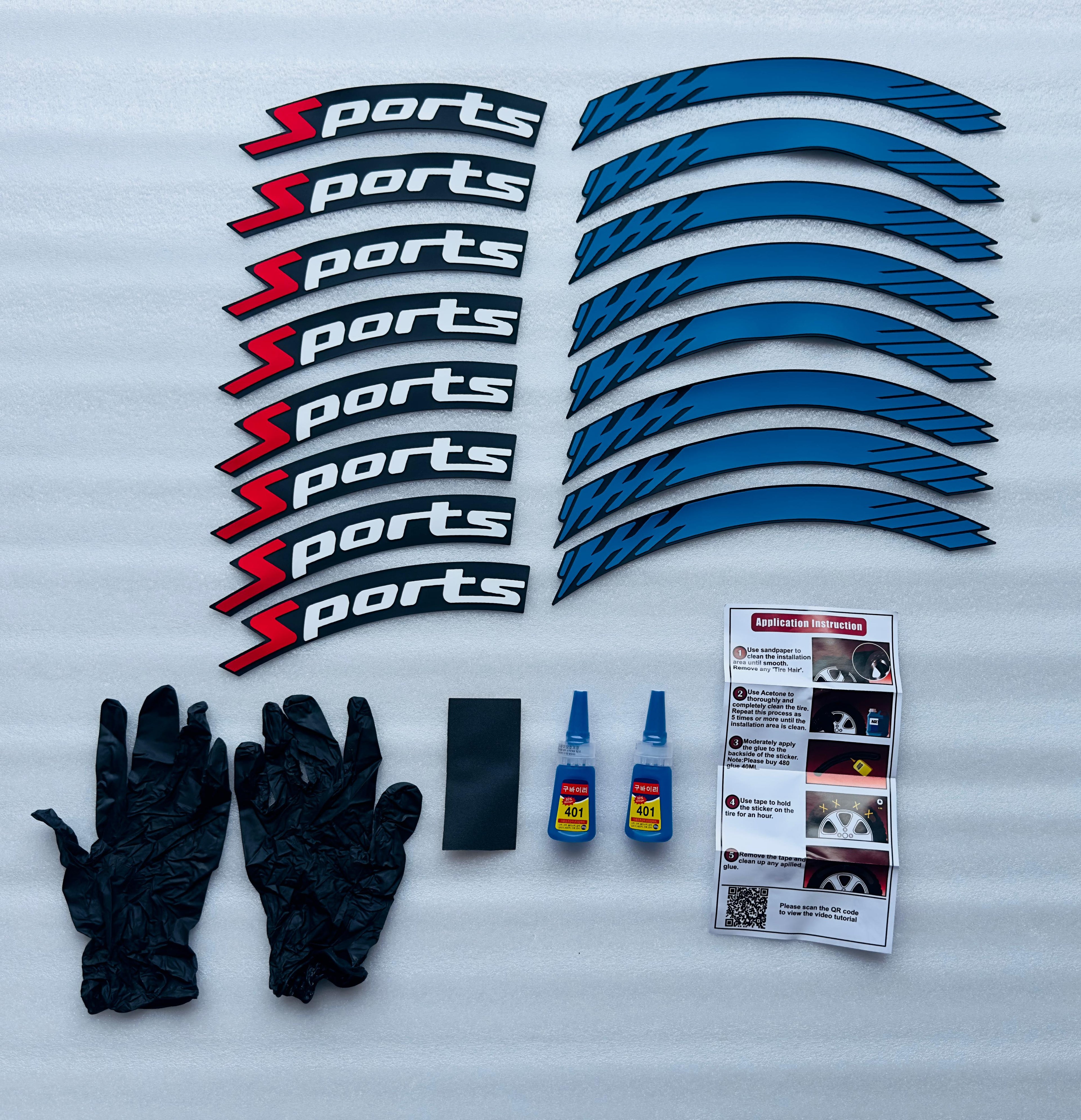 Sports Blue Strip Tyre Sticker for 4 Tire Tyres Customized Permanent Rubber Tire Tyres Sticker Decorative Stiicker (2 Glue + 2 Gloves)