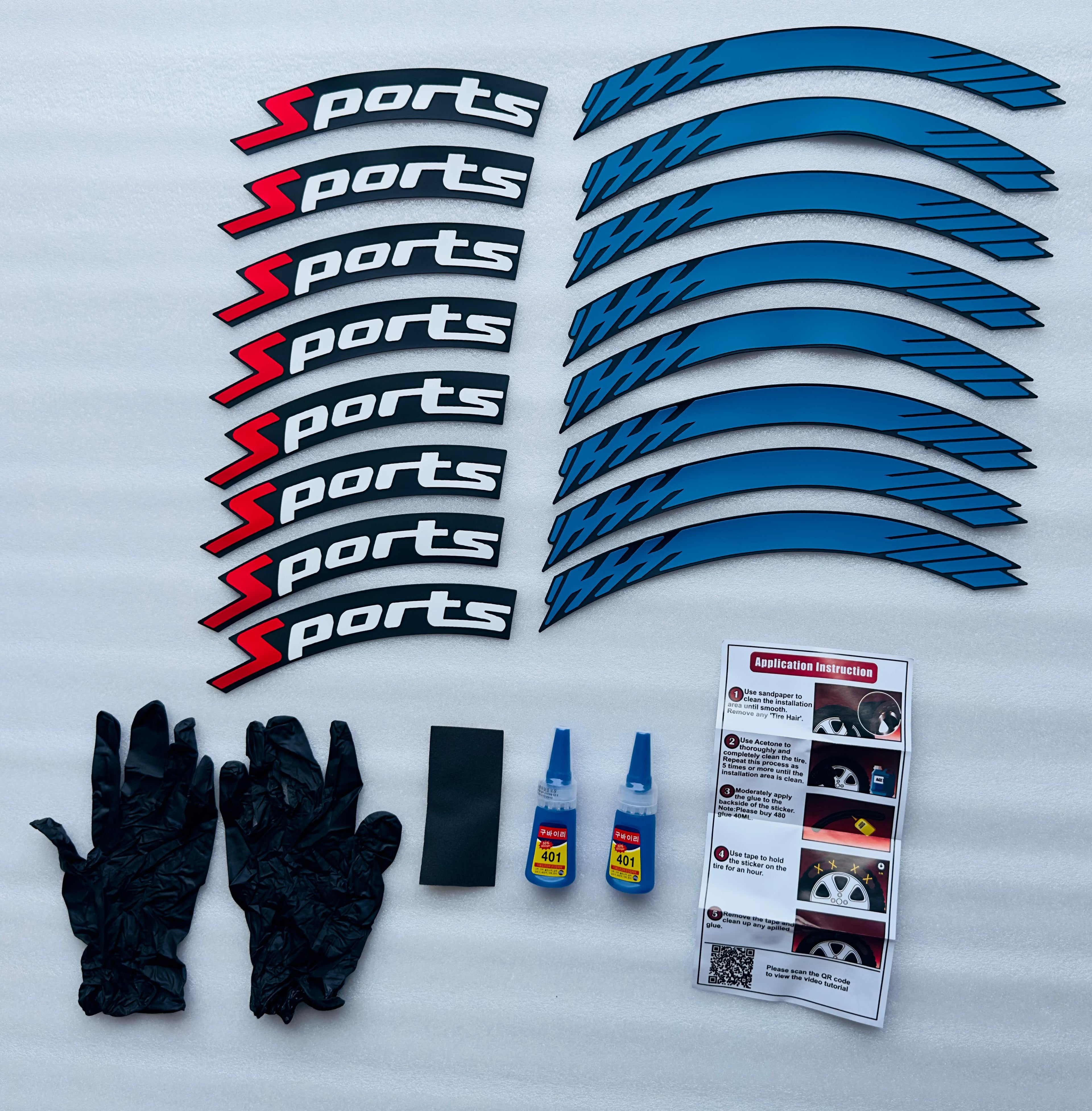 Sports Blue Strip Tyre Sticker for 4 Tire Tyres Customized Permanent Rubber Tire Tyres Sticker Decorative Stiicker (2 Glue + 2 Gloves)
