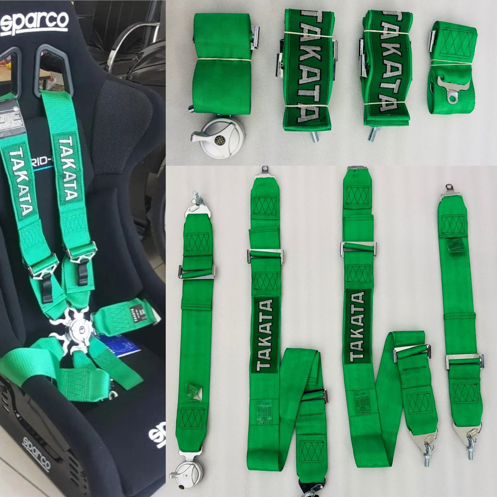 GREEN TAKATA 4 Point (Webbing Pad) JDM DRIFTING SPORTY Car Seat Belt Harness Quick Release Lock