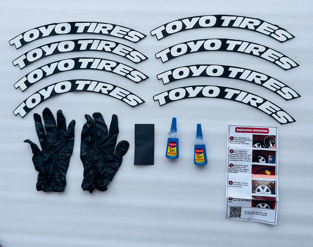 4 Tire Tyre Stickers for 4 Tire Tyres Customized Permanent Rubber Tire Tyres Sticker Auto Accessories (2 Glue + 2 Gloves Included) (White Toyo TYRE Sticker.)