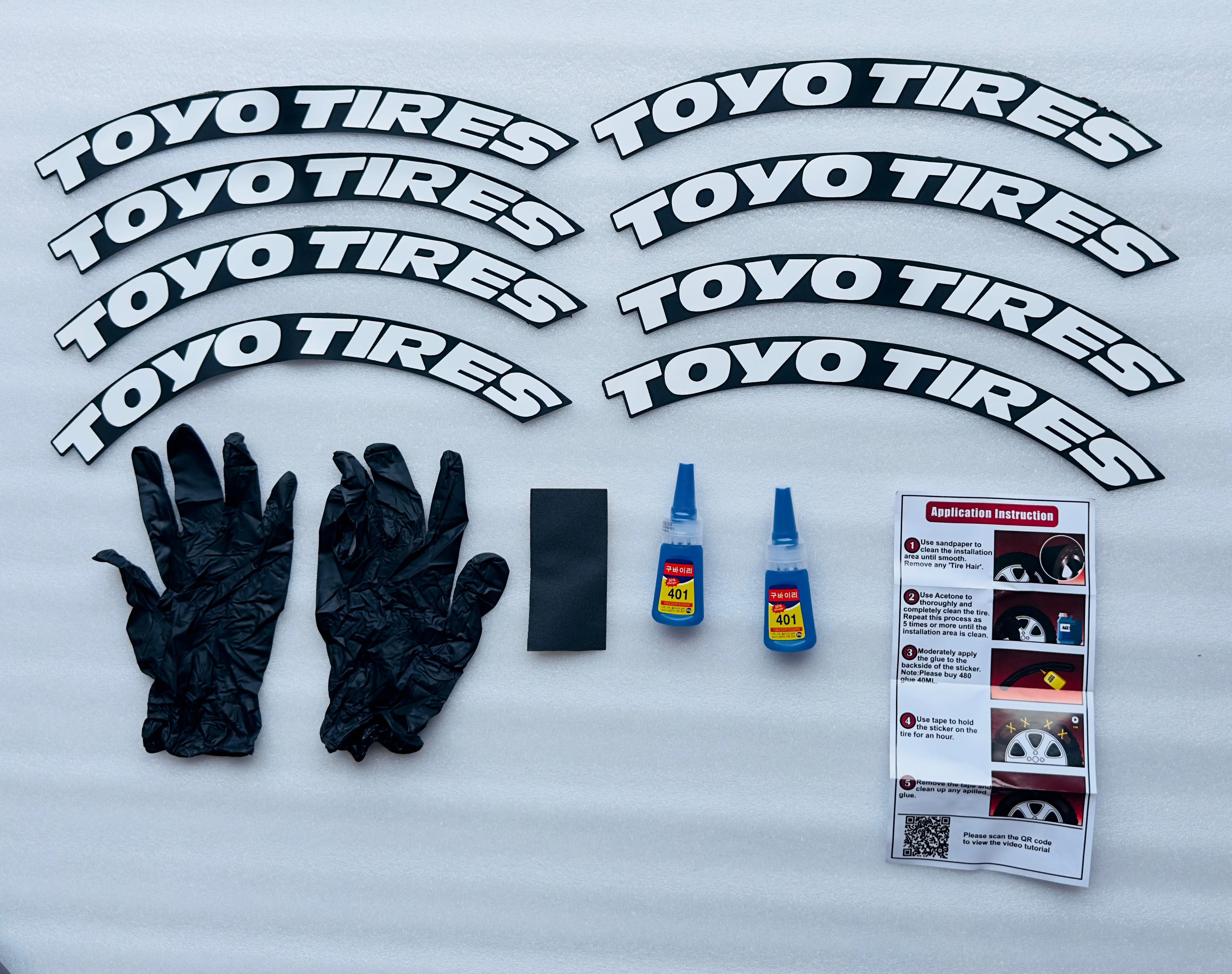 4 Tire Tyre Stickers for 4 Tire Tyres Customized Permanent Rubber Tire Tyres Sticker Auto Accessories (2 Glue + 2 Gloves Included) (White Toyo TYRE Sticker.)