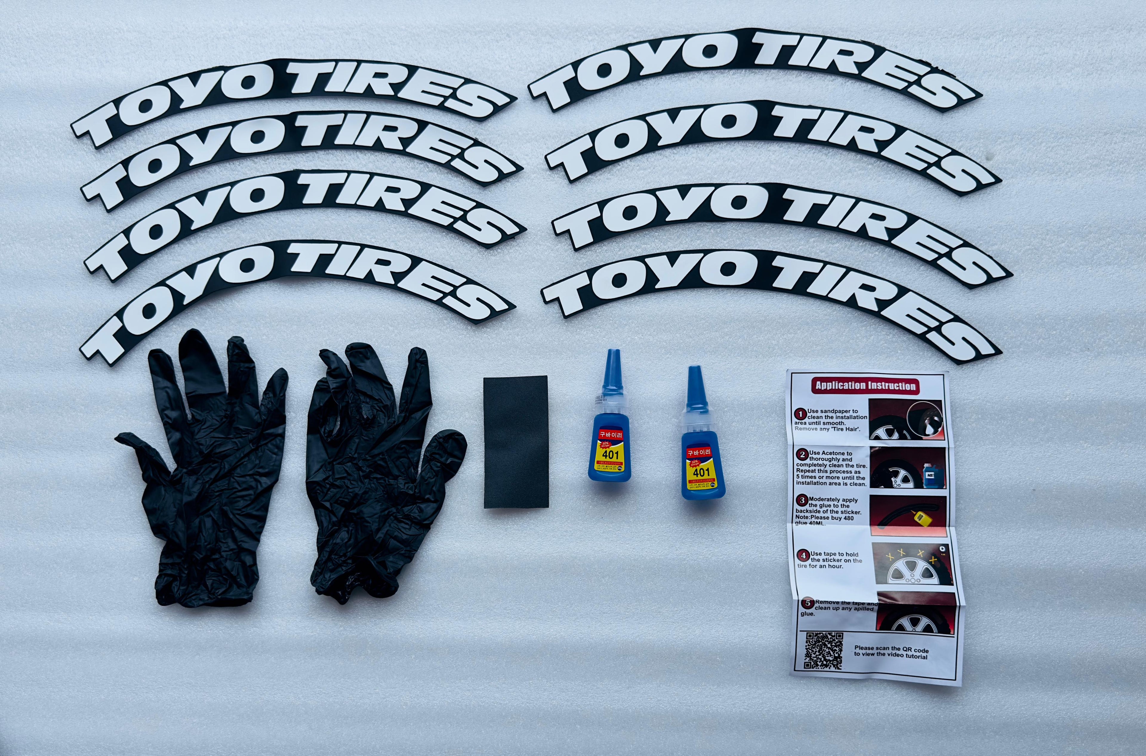 4 Tire Tyre Stickers for 4 Tire Tyres Customized Permanent Rubber Tire Tyres Sticker Auto Accessories (2 Glue + 2 Gloves Included) (White Toyo TYRE Sticker.)