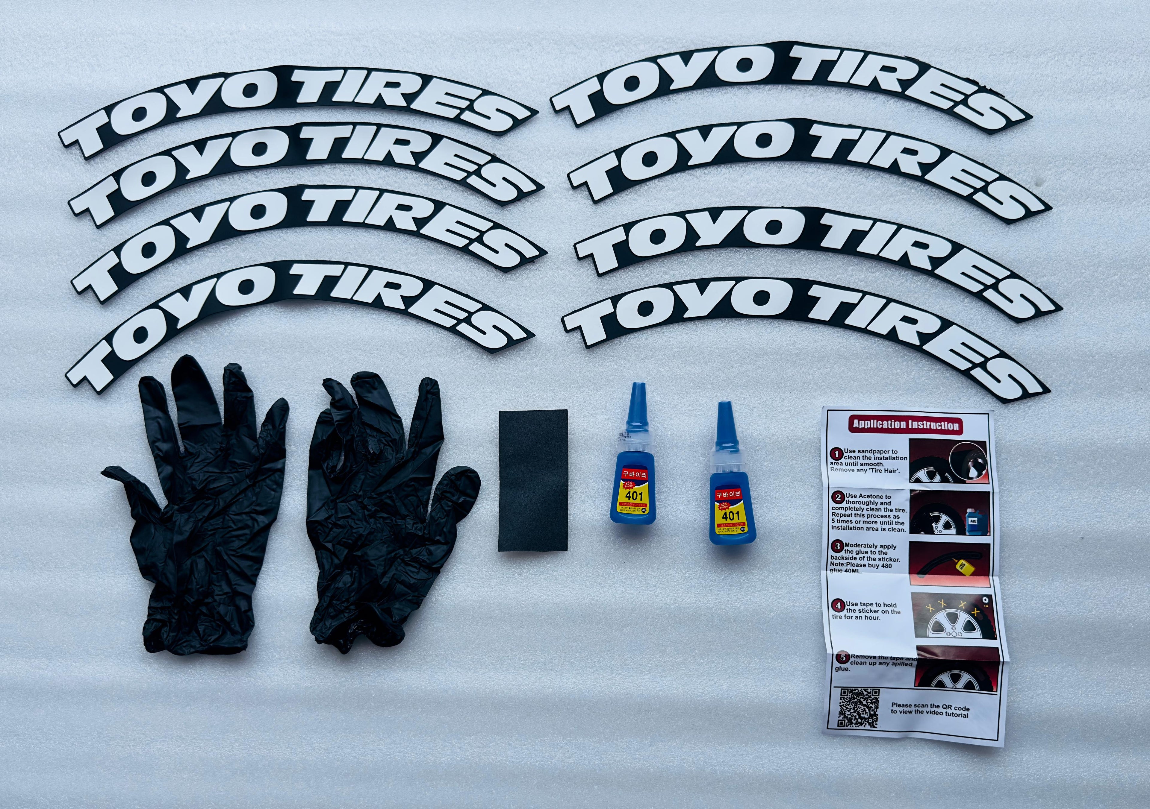 4 Tire Tyre Stickers for 4 Tire Tyres Customized Permanent Rubber Tire Tyres Sticker Auto Accessories (2 Glue + 2 Gloves Included) (White Toyo TYRE Sticker.)