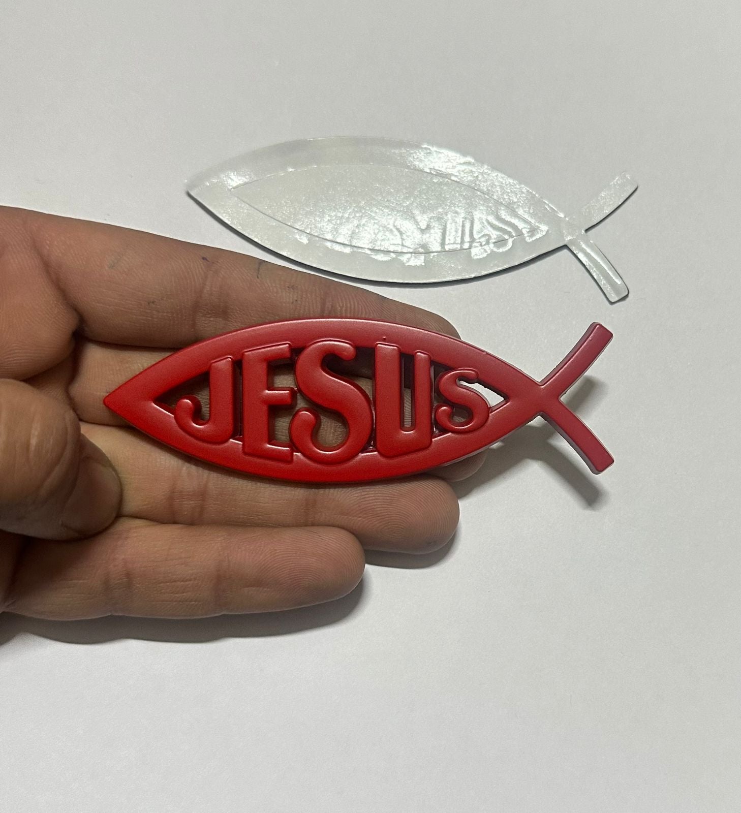Jesus Metal RED Sticker (10 x 3cm) Car Metal Jesus Fish Christian Logo Car Emblem 3D Badge Attractive car.