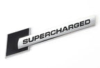 Supercharged (1PC) Logo Chrome Black. 10 x 2.6cm Car Bike Metal Supercharged Logo Car Emblem Premium 3D Badge Auto Racing Sport Sticker Grand Tourer Decal