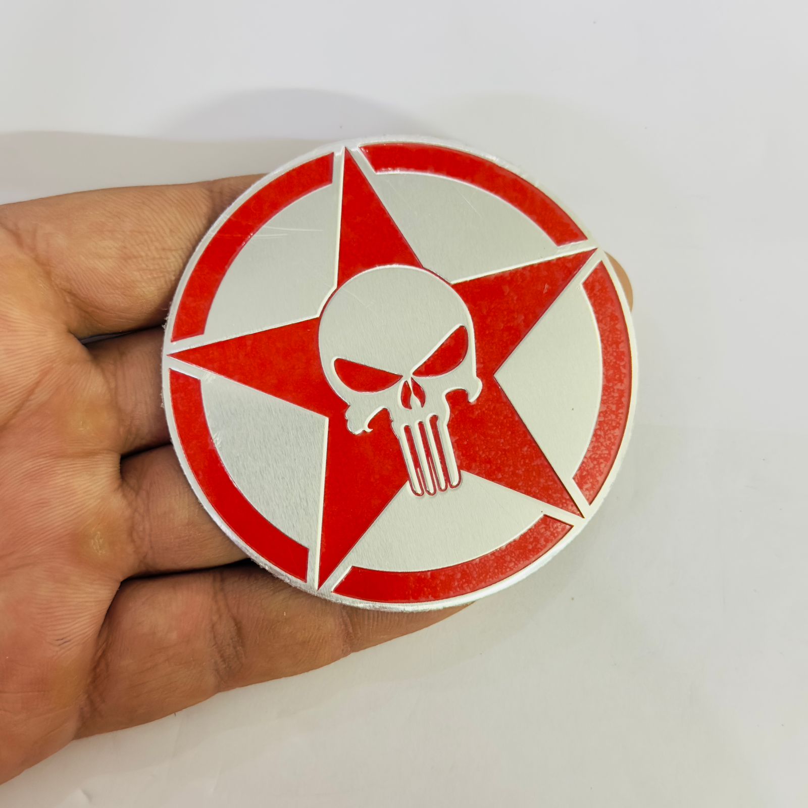 Chrome Red Skull Round Punisher Sticker 5.6cmx6cm Car Metal Logo 3D Emblem Auto Racing Sport Sticker Decal Decorative Sticker